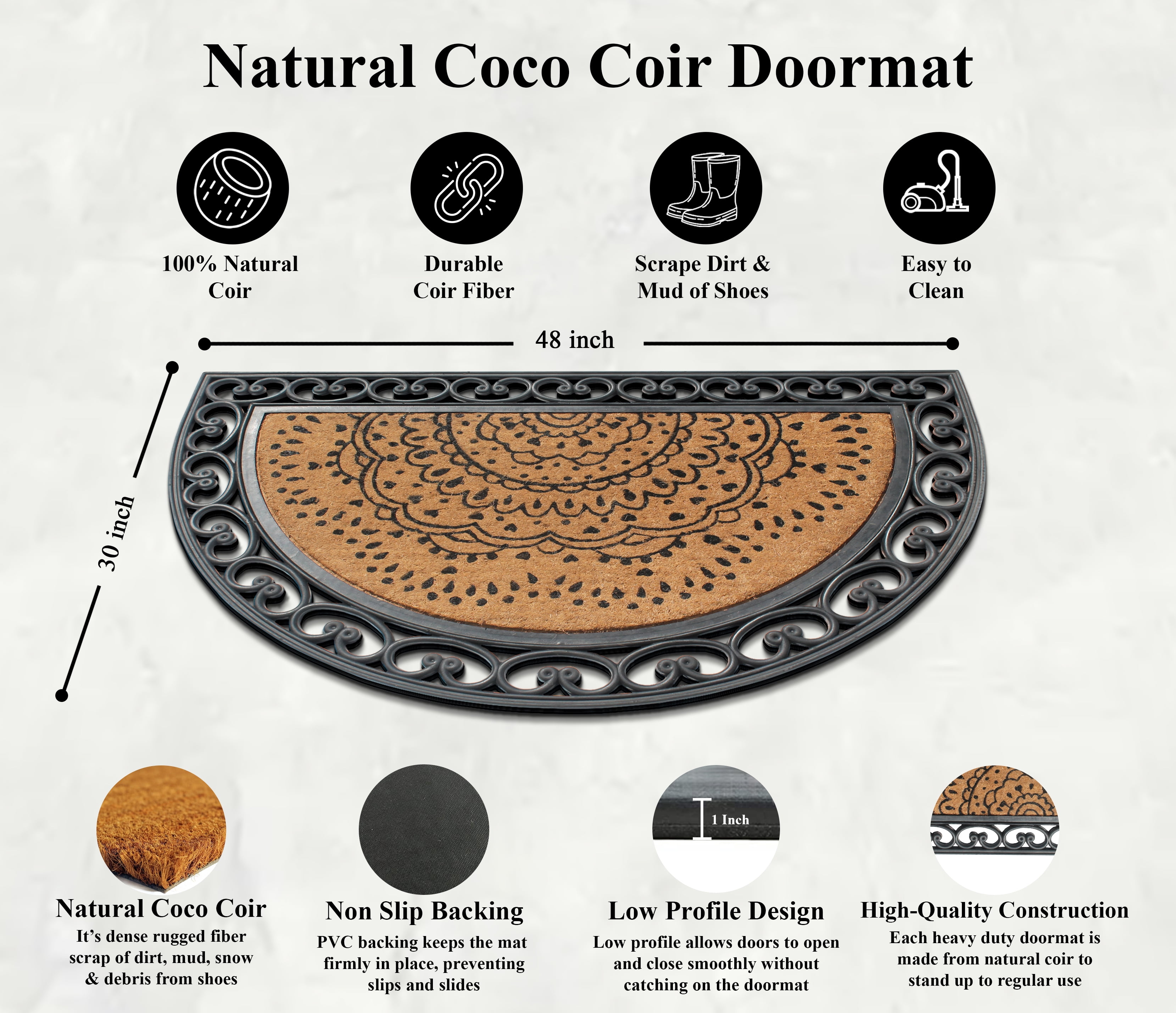 A1 Home Collections Half Round Doormat, Rubber and Coir, 30"x48" Inch, Standard Double, Single Heavy Doormat, Large Size, Rubber Backed, Outdoor Mat