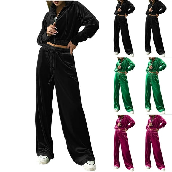 Brondbend Sweatsuits for Women Set 2 Piece Hoodies Women Long Sleeved Full Zipper Pullover Solid Elastic Waist Jogger Outfits Casual Loose Tracksuits Holiday Fall Winter Sets Black