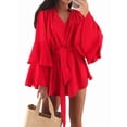 thumbnail image 3 of Women'S Layered Bell Sleeve Tie Neck Mini Dresses Ruffle Belted Tunic Dress Red XL, 3 of 7