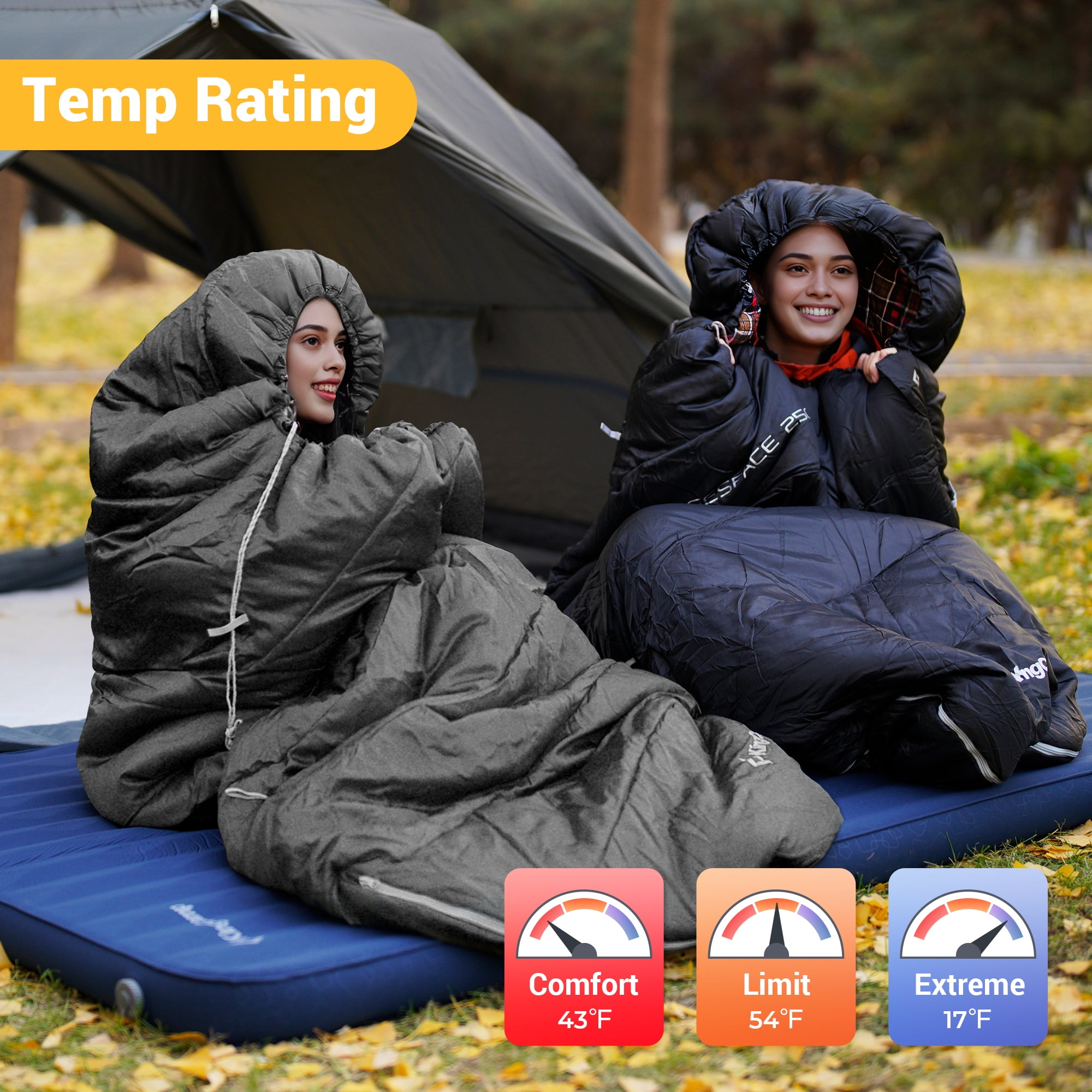 KingCamp XL Cotton Flannel Sleeping Bags, Oversized Weatherproof 3-Season Sleep bag with hood for Camping & Hiking & Backpacking, 17.6℉-54℉ (Black)