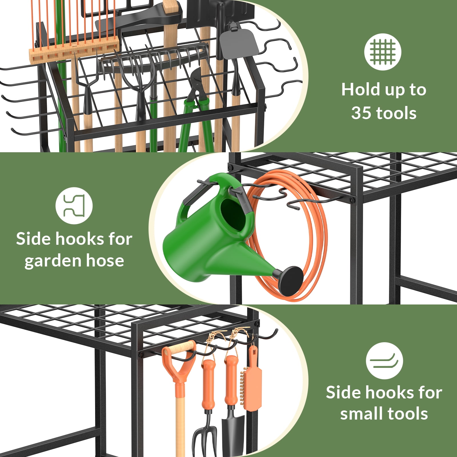 Garden Tool Organizer Rack with Hooks and wheels, Holds Up to 35 Long-Handled Tools, Rakes and Brooms, Metal Steel Stand for Shed or Outdoor Storage Backyard
