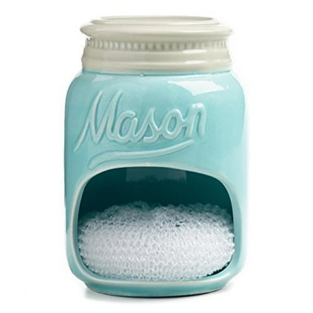 Ceramic Pickling Crock blue mason jar ceramic sponge holder - great organizer for flatware, cutlery, silverware, and kitchen accessories | crock organizer | vintage decor & collector gift | rustic kitchen accessory by world ()