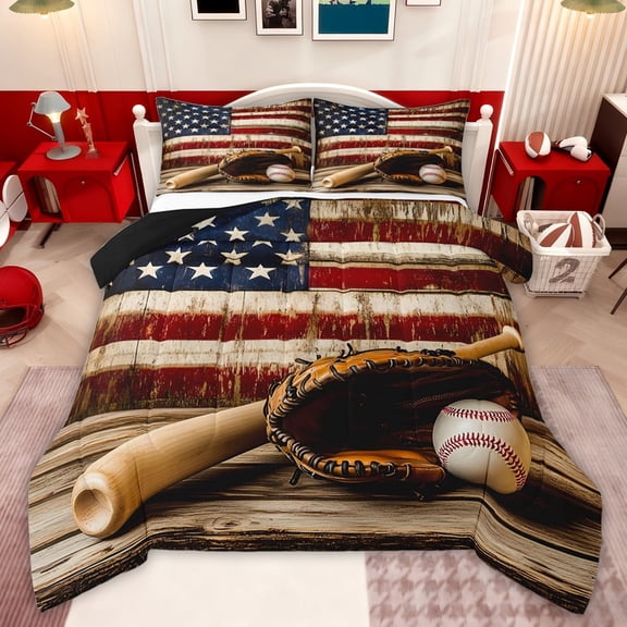 Castle Fairy Baseball Print Twin Comforter Sets,Vintage USA Flag Bedding Set
