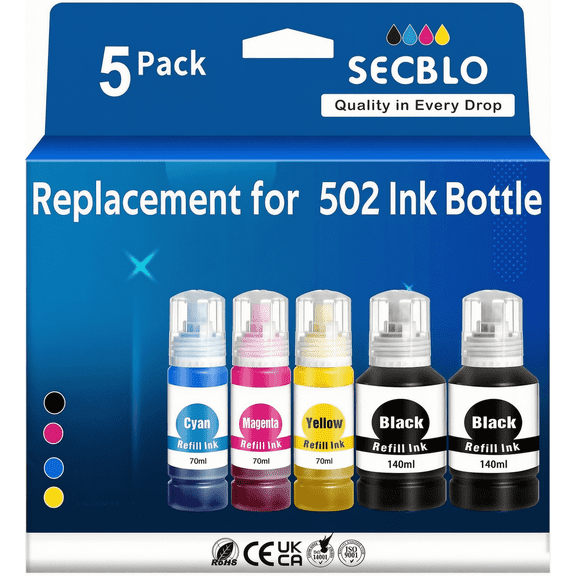 SECBLO Ink Refill Bottle for EcoTank ET-2760 ET-3760 ET-4760 ET-2750 ET-2850 ET-3750 ET-3850 ET-4750 ET-4850 ET-3710 ET-3830 ET-2700 ET-3700 ET-15000, ST-2000 ST-3000 ST-4000 Printer, 5 Pack