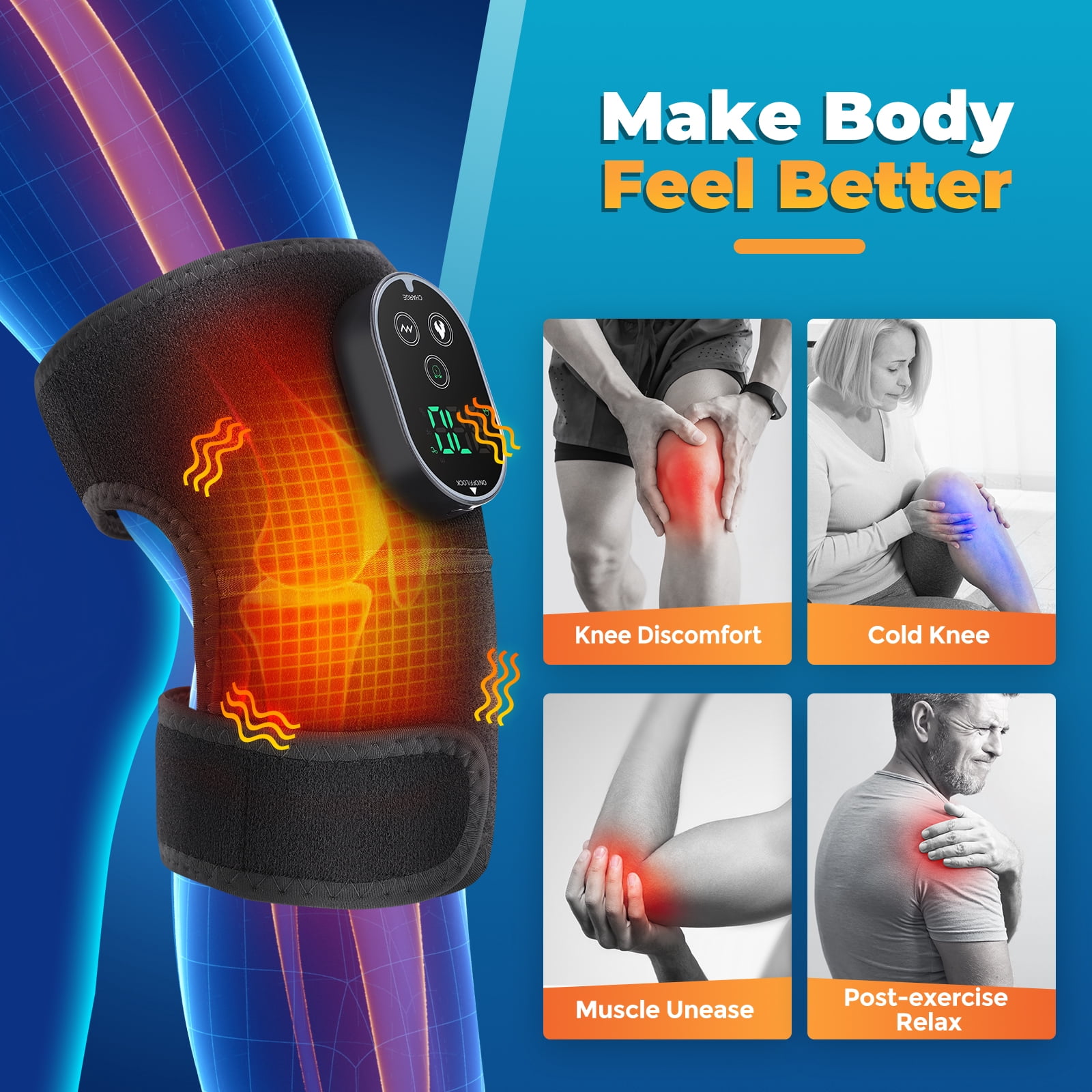 Knee Massager with Heat & Vibration – Heated Knee Brace Cordless, Knee Heating Pad Wrap with 6 Heat + 3 Vibration Modes, Rechargeable Adjustable Strap for Knee Shoulder Elbow, Auto Shut Off 2PCS
