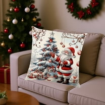 18x18 Inch Christmas Throw Pillow Cover with Santa Claus & Blue Bird, Red Green Holiday Decor for Sofa Couch Bed, Festive Winter Scene Pillowcase C