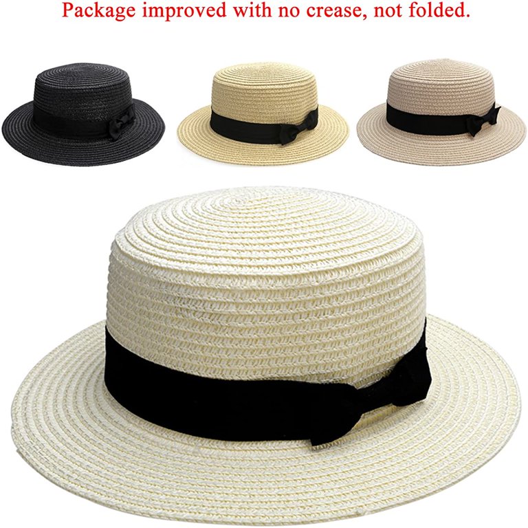 Straw Bowknot Boater Hat Summer Beach Sun Hat Womens Fedora Jazz Hat Holiday Straw Beach Hat for Womens Wide Brim Bow Ribbon  main image 3