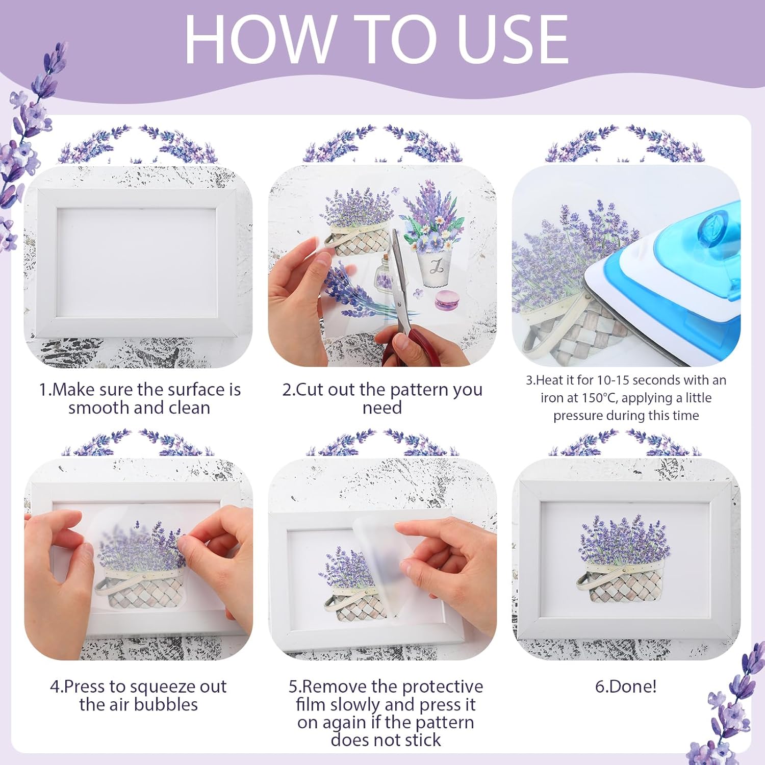 20 Sheets Lavender Rub on Transfers for Crafts and Furniture Purple Floral Rub on Transfers Stickers Vintage Flower Decals for DIY Wood Home Paper Decor, 5.9 x 5.9 Inch