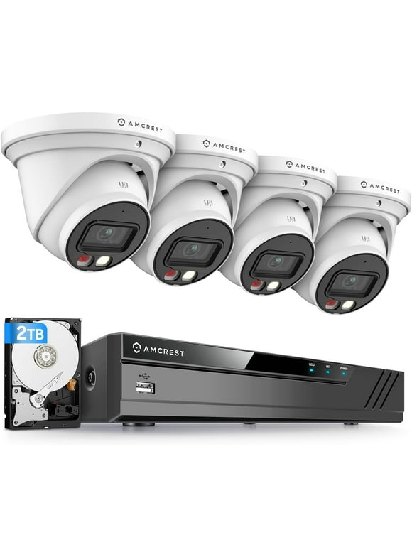Amcrest 4K Security Camera System, 4K 8CH PoE NVR, (4) x 4K Night Color Turret POE IP Cameras, Active Deterrent, Pre-Installed 2TB Hard Drive, NV4108E-2779EW4-2TB (White)