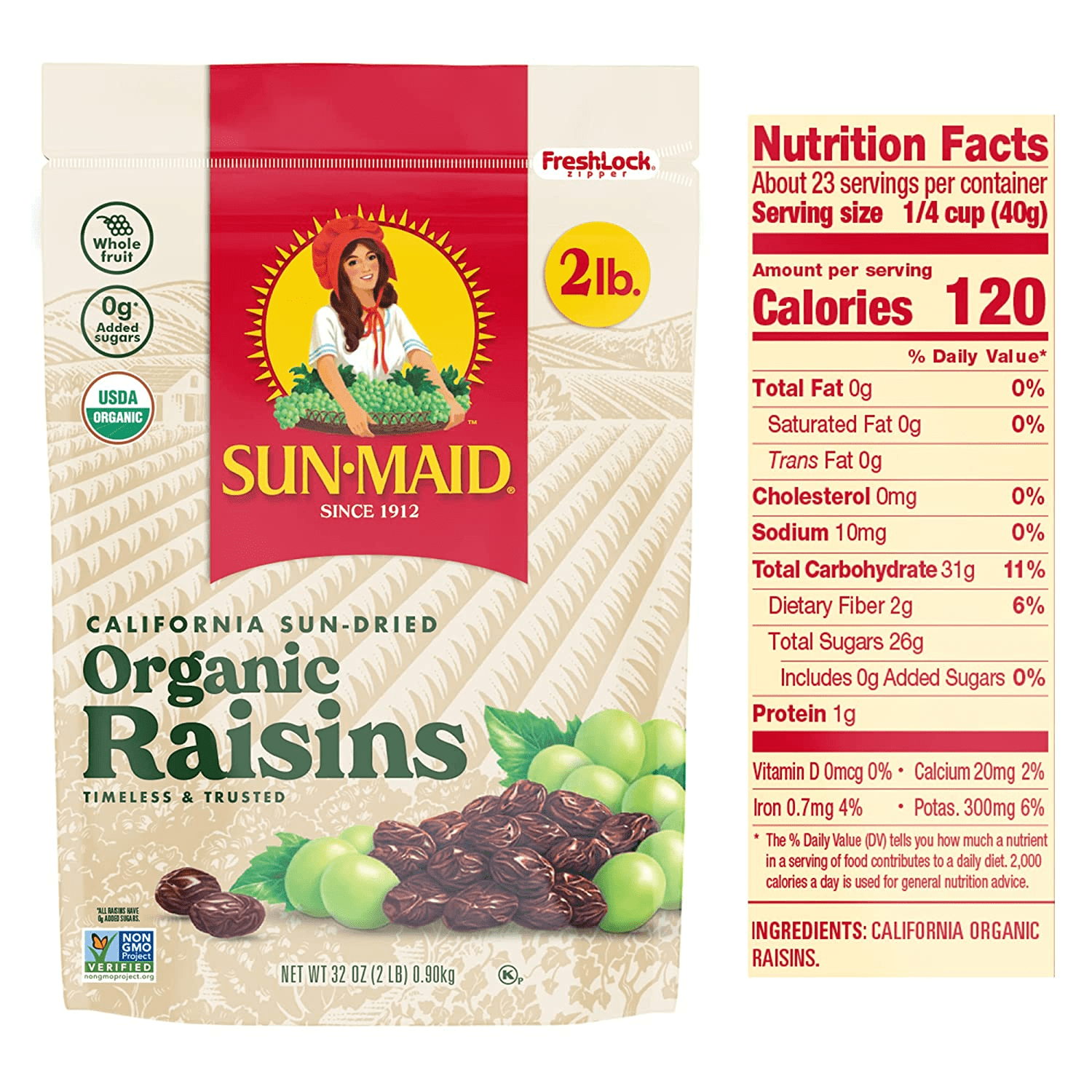 Sun-Maid Organic California Sun-Dried Raisins Snack 32 Ounce Bags 2 Pack | Whole Natural Dried Fruit No Sugar Added Gluten Free Non-GMO Vegetarian Friendly Great for Baking & Snacks for Kids & Adult