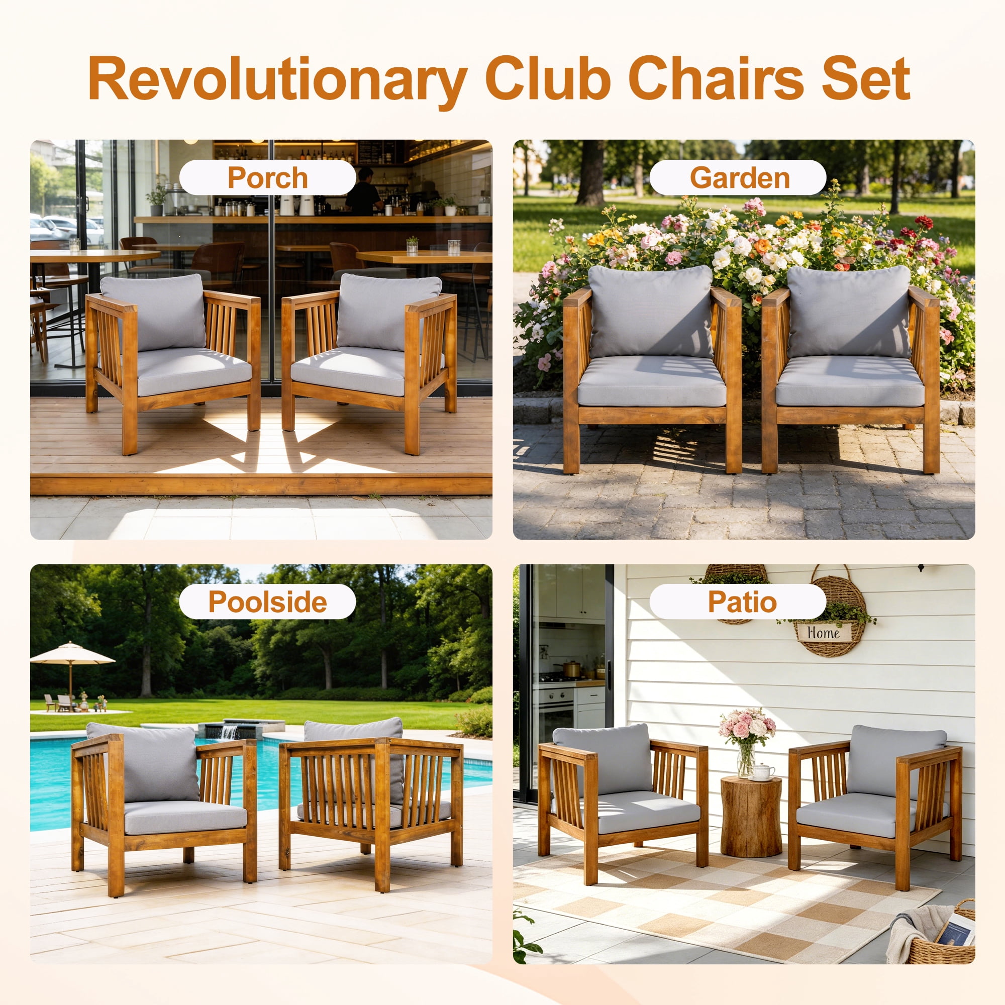 Mintazer Outdoor Club Chairs Set of 2, Patio Armchairs with Cushions & Adjustable Leveling Feet for Patio, Garden, Balcony & Backyard, Natural & Grey
