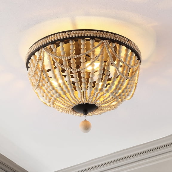 JONATHAN Y Dune Wood Bead 15.25" 3-Light Bohemian Farmhouse Iron LED Semi Flush Mount, Oil Rubbed Bronze/Light Taupe, JYL9903A