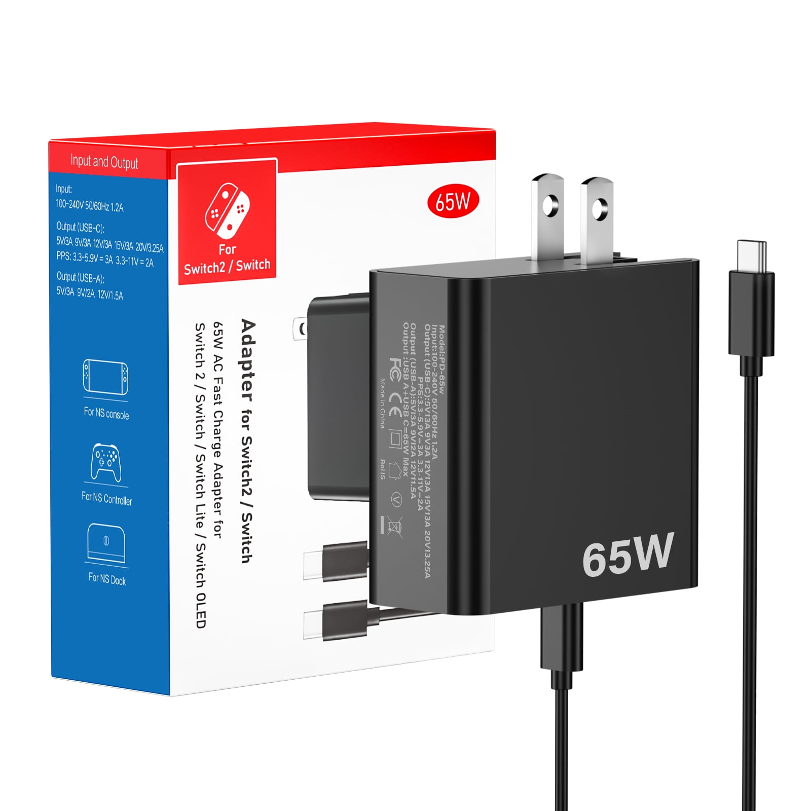 65W/18W USB C Charger for Switch 2 with 39.37in Charging Cable, AC Power Supply Adapter for Nintendo Switch 2 / LITE / OLED / Steam Deck，Switch Charger