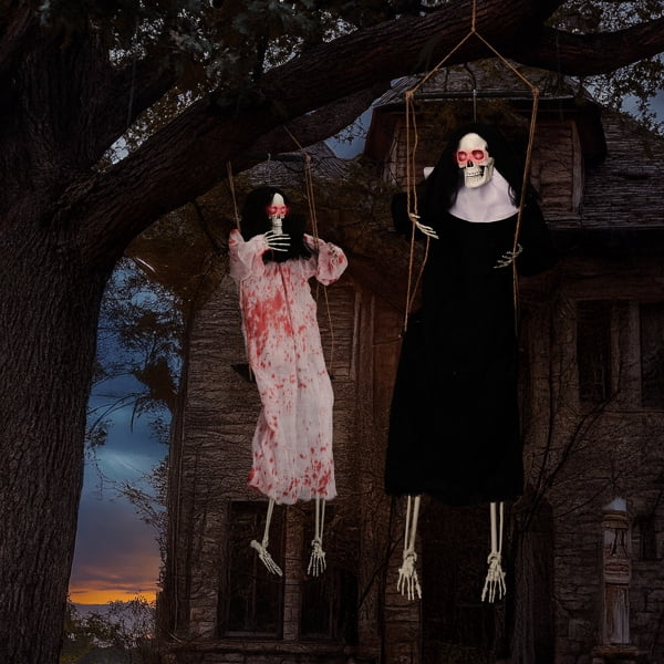 Alvantor 2-Pack 3 ft Hanging Ghost Halloween Decorations with Red LED Eyes and Horror Sound, Black and White
