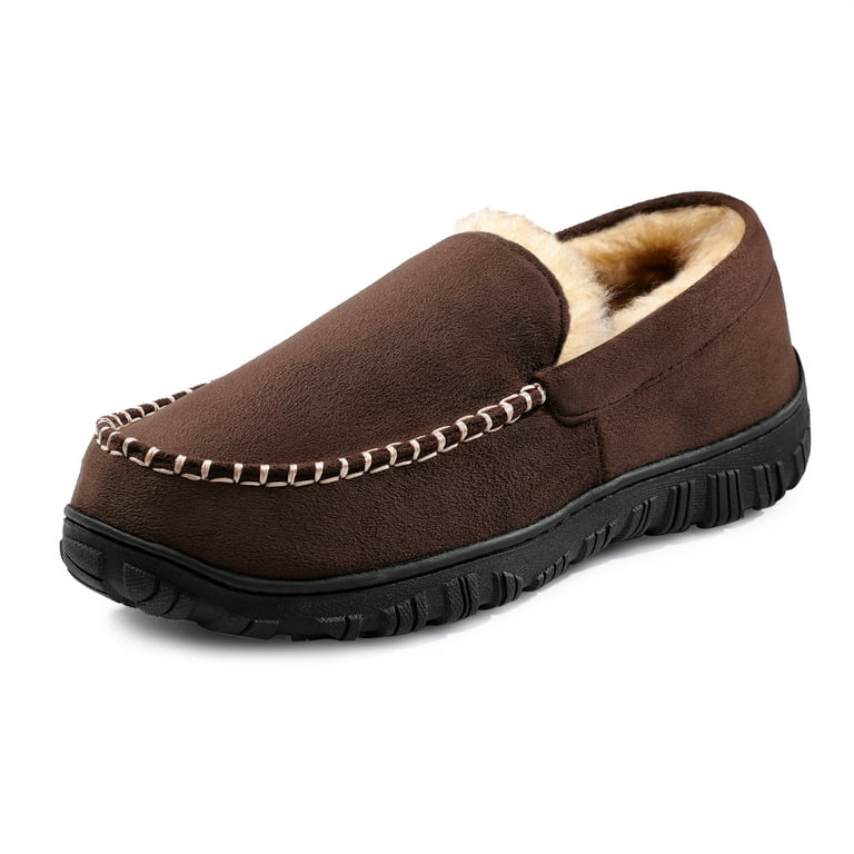 HOMEHOT Men s Slippers Mens Moccasin Slippers Memory Foam House Shoes with Non Slip Rubber Adult Sole Brown 9