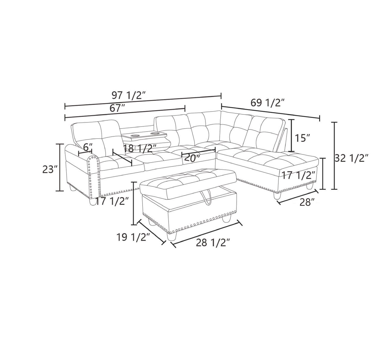Howcool L-Shape Sectional Sofa with Cup Holders,3-Piece Black Sectional Sofa Couch, Storage Ottoman & 2 Toss Pillows,Nailhead Trim, Right-Facing