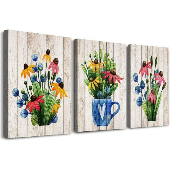 Vintage Wood grain plant flowers wall art for kitchen Wall Decorations for Living Room Bathroom Decorations room Wall decor 3 Pieces Framed Canvas print Artwork modern Office Home Decor paintinge