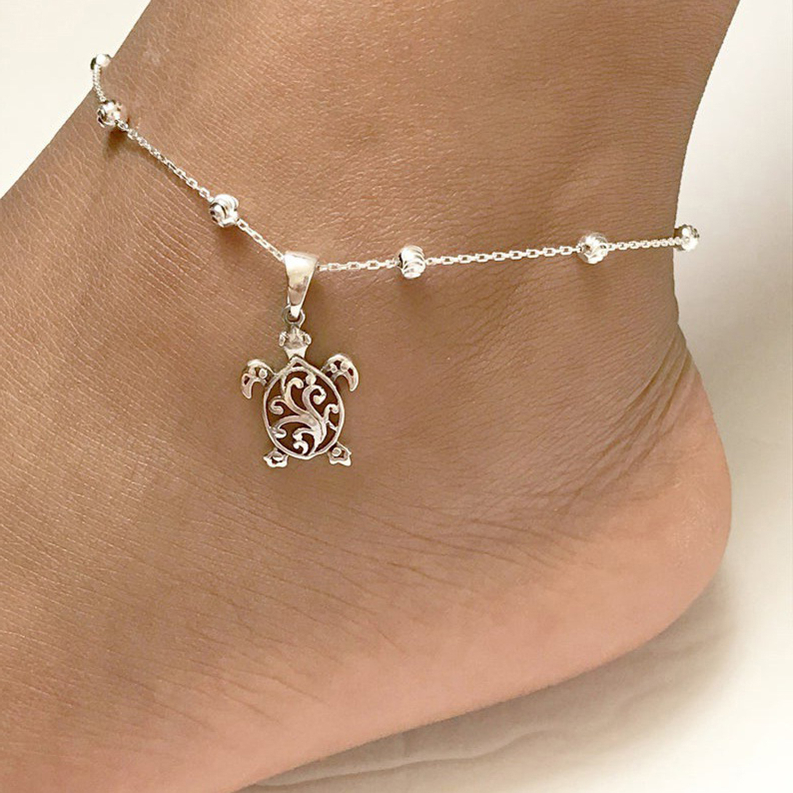 OneSight Blue Opal Sea Turtle Ankle Bracelet Sterling Silver Anklet Jewelry for Women Gifts New Version 4 Level Adjustable Anklet (Large
