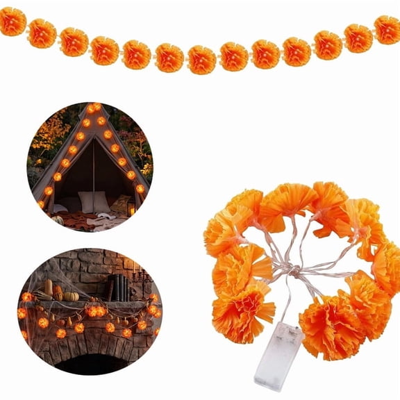 Lighted Marigold Garland,10 LED Artificial Marigold Flowers String Lights Dia de Los Muertos Decorations for Halloween Diwali Indian Party wedding and celebration