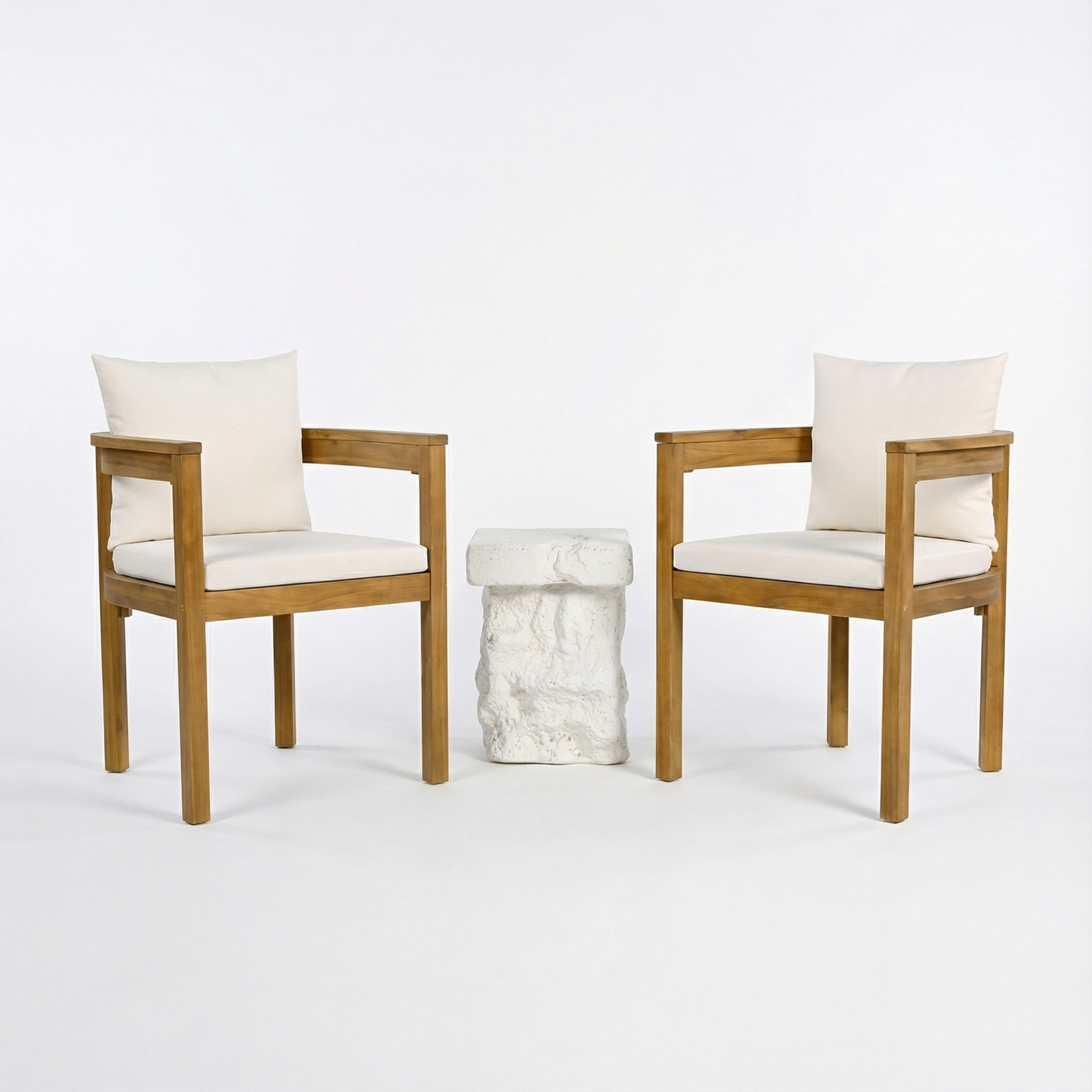 Christopher Knight Home 3PCS Outdoor Patio Set, Acacia Wood Chairs with Beige Cushion & White Side Table