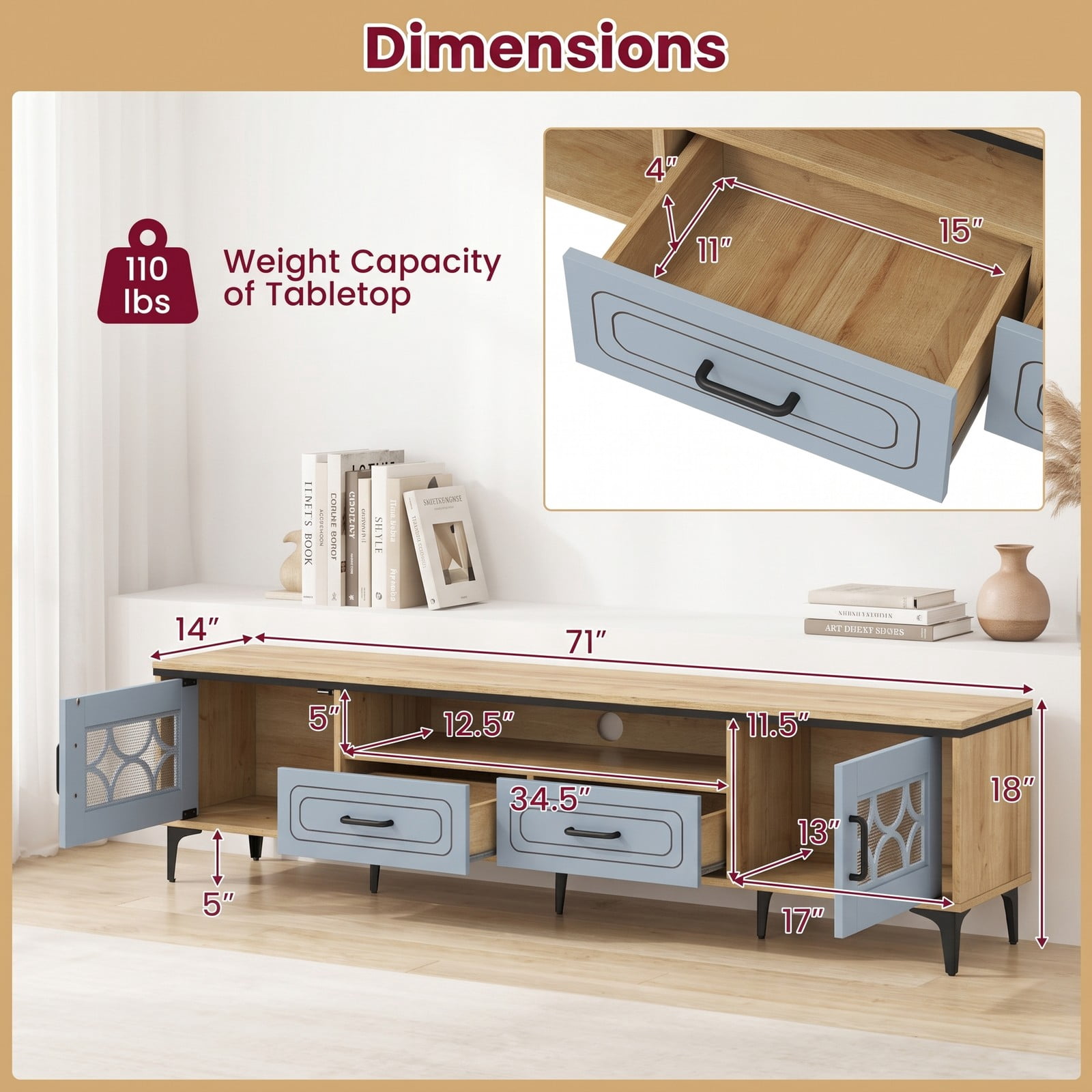 Furnibear Farmhouse TV Stand for TVs up to 80 Inch, 71 Inch Entertainment Center with 2 Drawers, 2 Cabinets & Open Storage Shelf, Wood Media Console, Oak and Gray