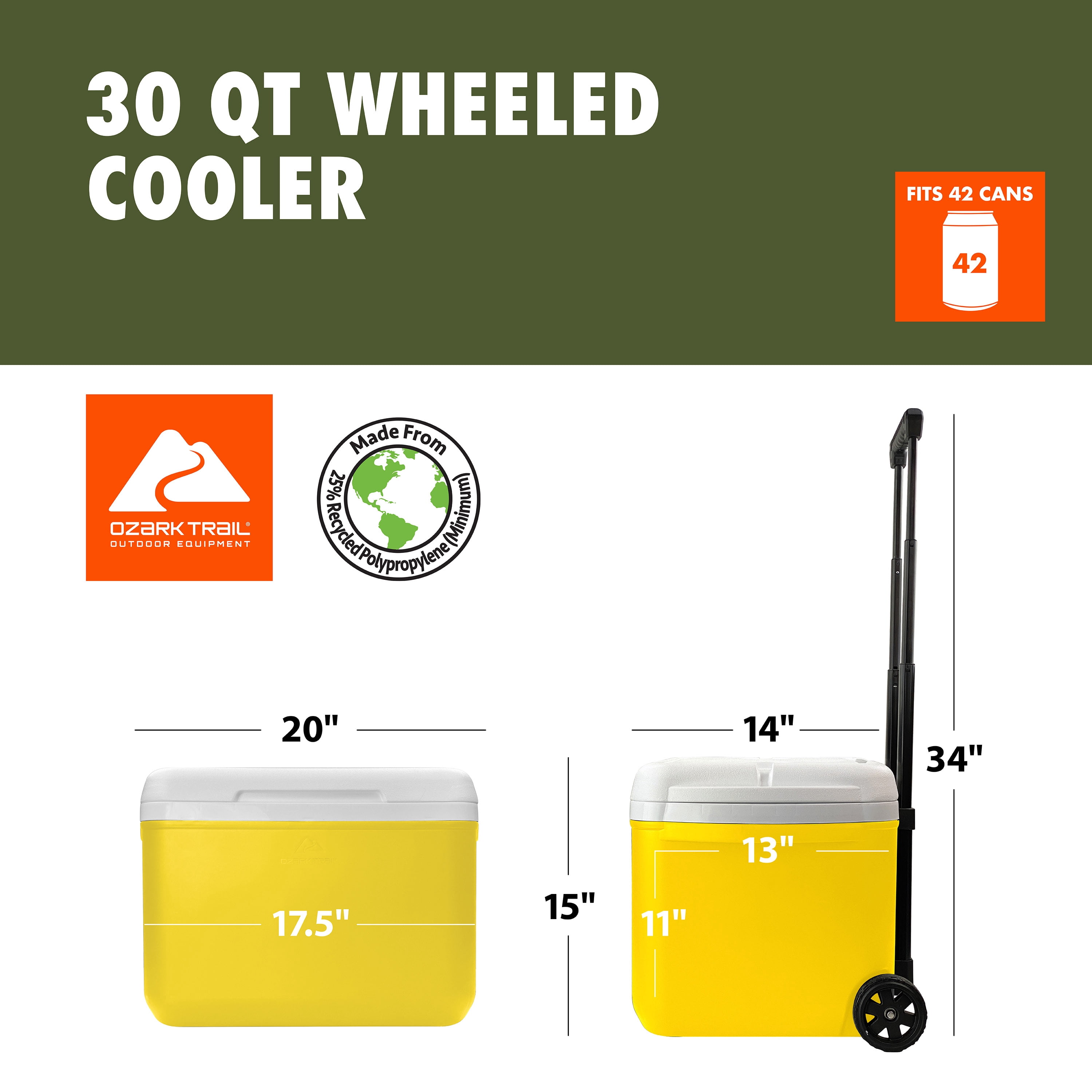 Ozark Trail 30QT Rolling Hard Side Cooler, Yellow Gold