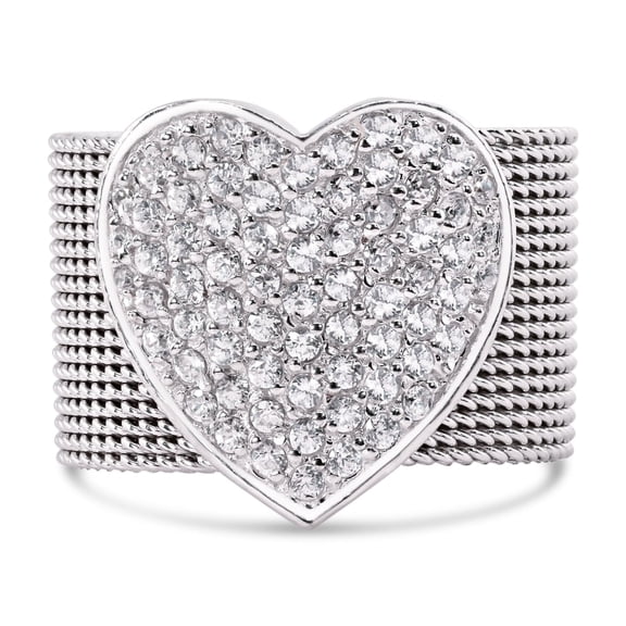 Sterling Silver 925 Rhodium Plated Multi Chain Heart Ring White Cubic Zirconia Jewelry Female Size 8