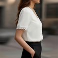 thumbnail image 2 of Morttic Women's Elegant Solid Color Lace Trim V-Neck Blouse – Puff Sleeve Button Front Top Summer Fashion Commuting Outfit White，S, 2 of 4
