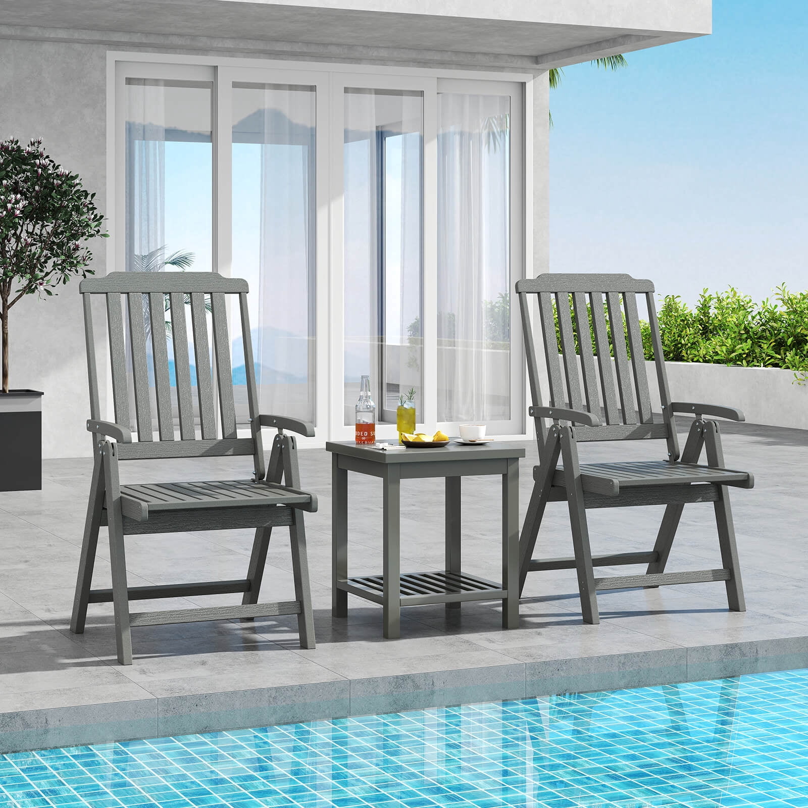 Costway Foldable Patio Chair with Armrest, Curved Back, Slatted Seat for Backyard Deck Gray