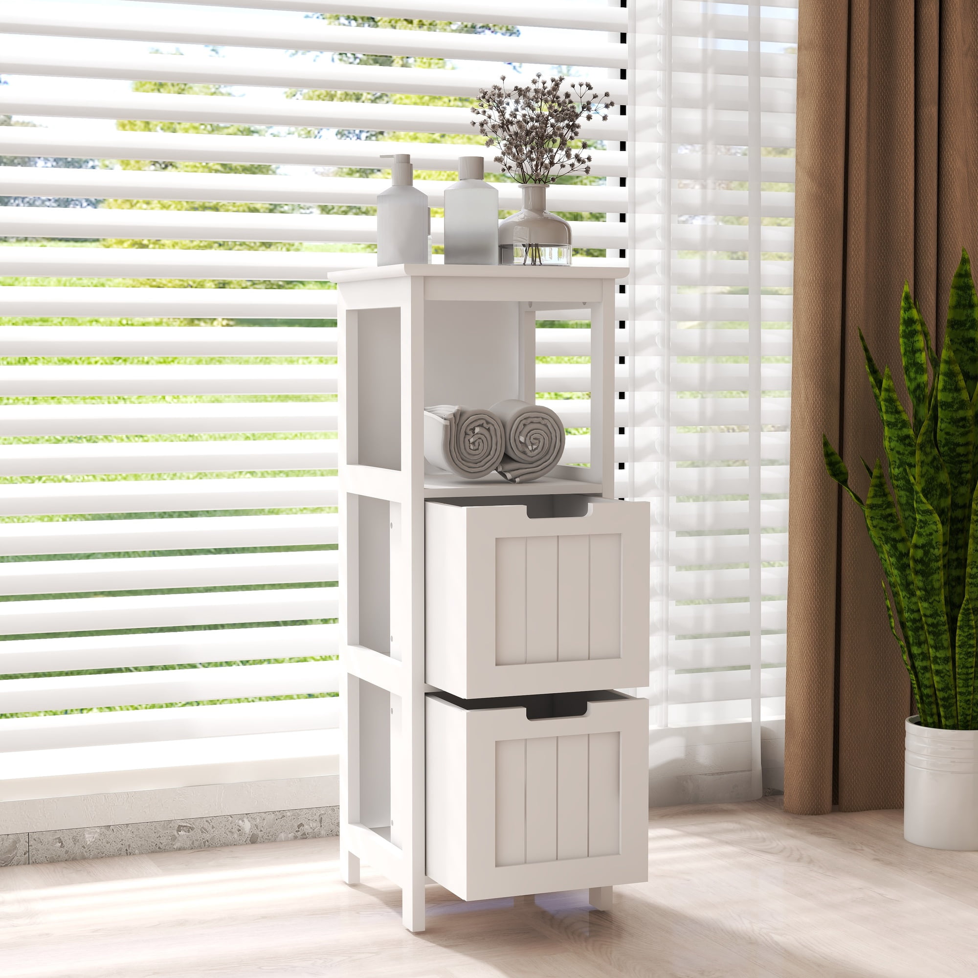Bathroom Floor Cabinet with 2 Drawers and 1 Storage Shelf,Freestanding Wood Storage Organizer Cabinet-White