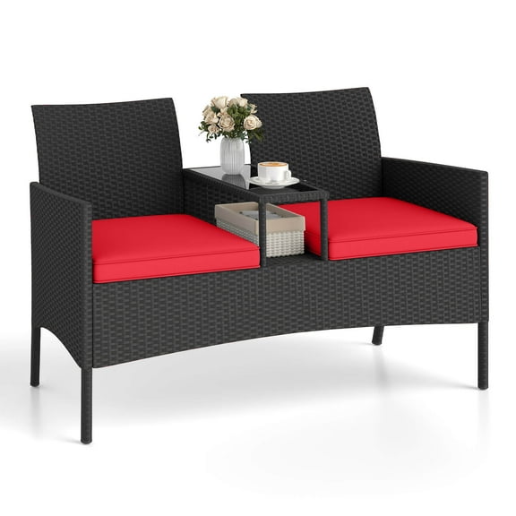 Costway Patio Loveseat with Built-in Table Soft Cushions & Tempered Glass Tabletop Red