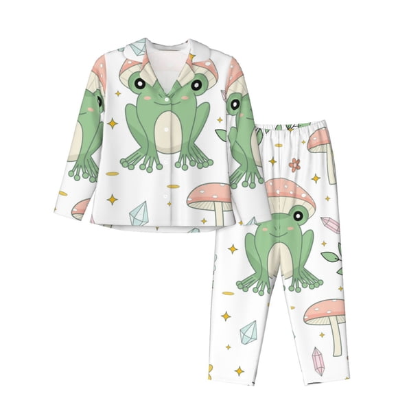 Balery Frog and Mushrooms Conjunto de Pijama con Estampado para Mujer, Conjunto de Dos Piezas con Manga Larga, Ropa de Dormir Suave con Bolsillos, Pijamas Cómodos-Medium