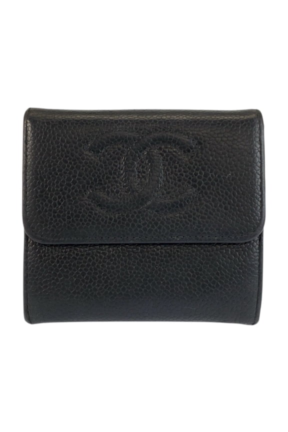 Pre-Owned CHANEL Coco Mark Black Leather Folding Wallet Compact for Women