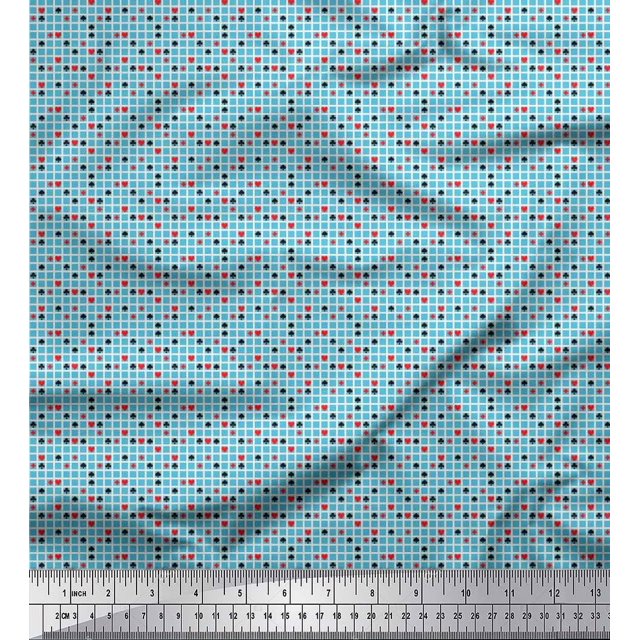 Soimoi Crepe Silk Fabric Poker Card Symbol & Check Print Fabric by The Yard 42 Inch Wide