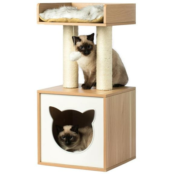 PawsMark QI003734 31.75 x 13.75 x 13.75 in. Cat Tree Play House Condo Cube Cave, Platform, Scratcher Post & Ball Toy