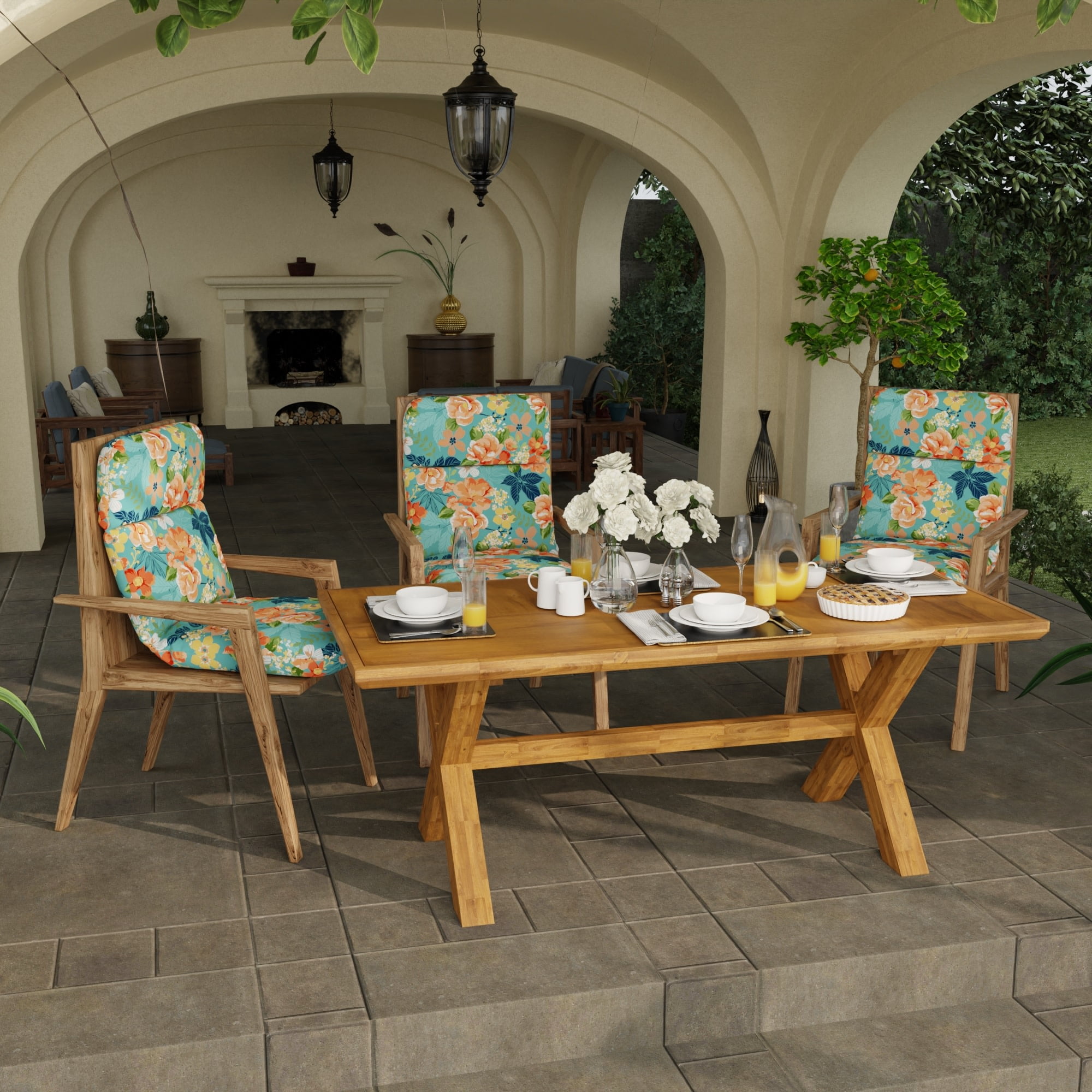 Jordan Manufacturing 45" x 22" Senorita Pelican Turquoise Floral Rectangular Outdoor Chair Cushion with Ties and Hanger Loop