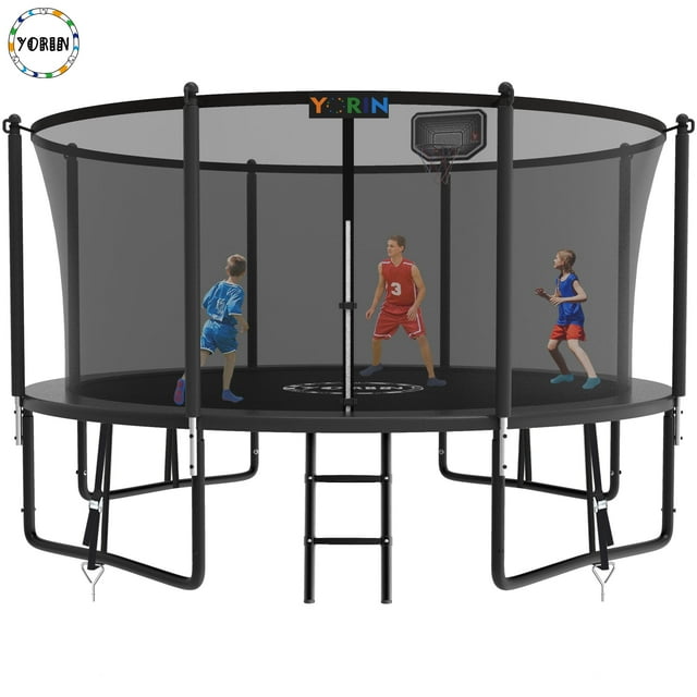 YORIN Trampoline, 14FT Trampoline for 6-7 Kids Adults with Enclosure Net, 1400LBS Outdoor Trampoline with Basketball Hoop, Ladder, Galvanized Anti-Rust Coating Heavy Duty Round Trampoline