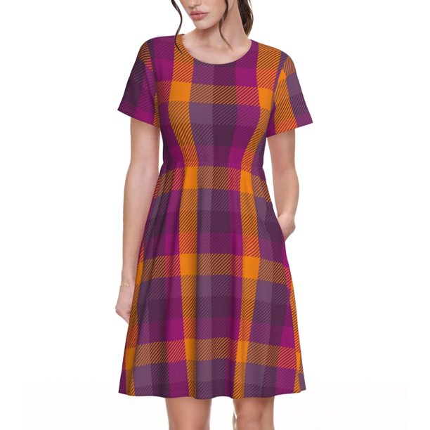 Balery Orange and Purple Plaid Vestidos sueltos de manga corta para mujer, vestidos de verano 2025, vestidos casuales de corte A con vuelo.