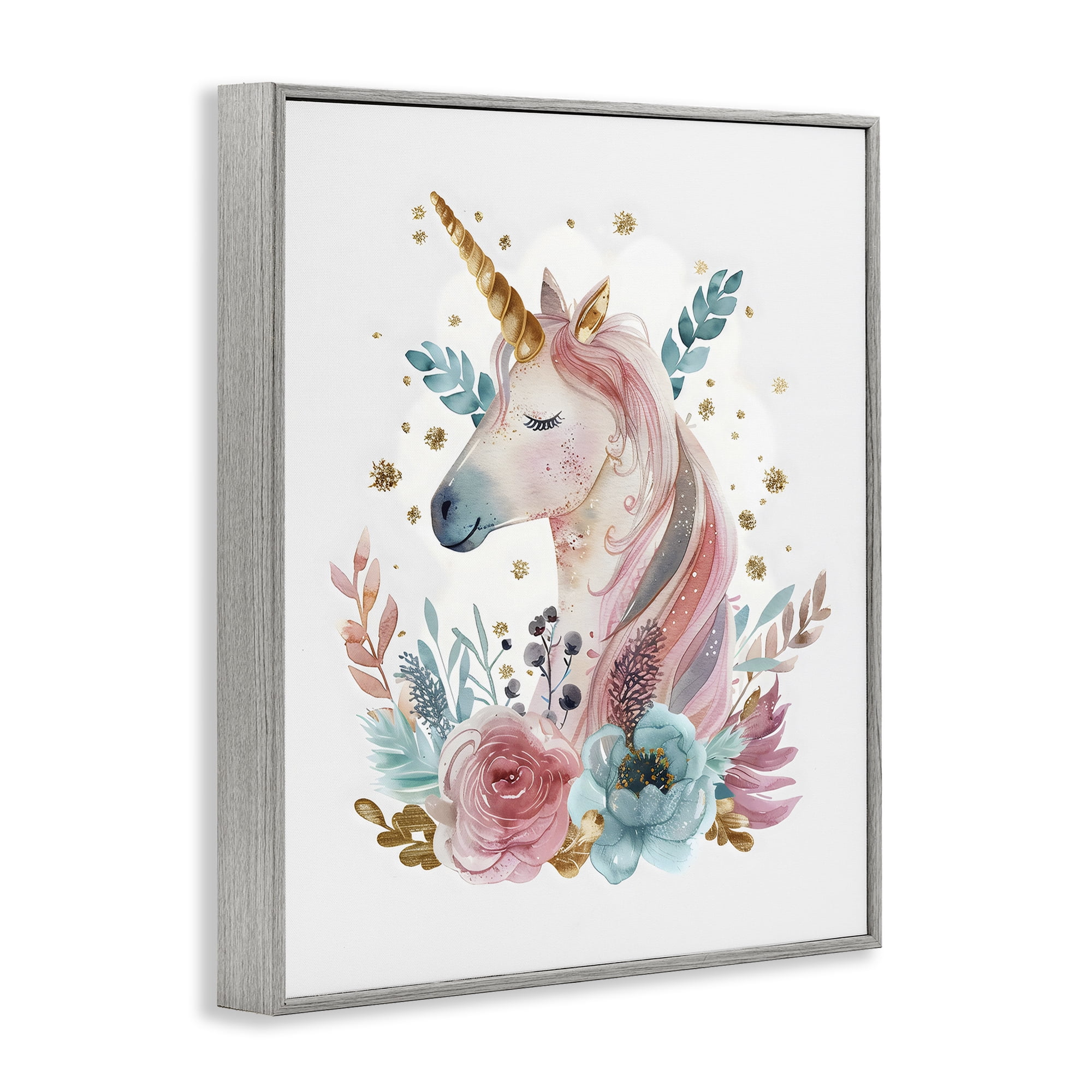 Stupell Industries Floral Unicorn with Gold Details Gray Framed Giclee Art, design by LSR Design Studio