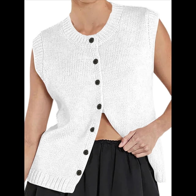 Chaleco Tipo Suéter para Mujer, -Verano 2025, Informal, Ligero, de Punto, Sin Mangas, con Botones, Ropa de Moda. M
