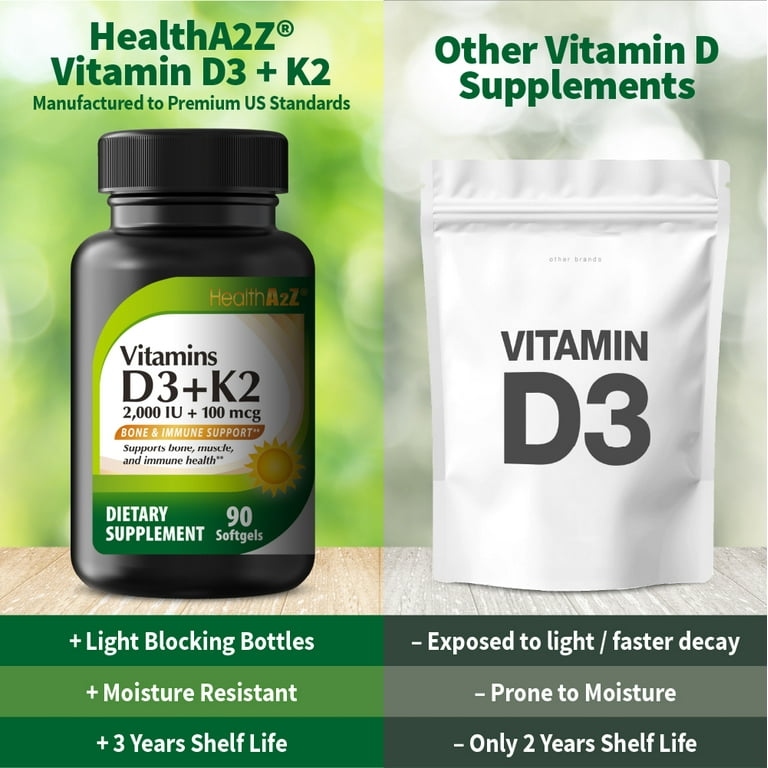 vitamin 2点 HealthA2Z Vitamin D3 + K2 | 2000 IU + 100 mcg | 90 Easy-to-Swallow