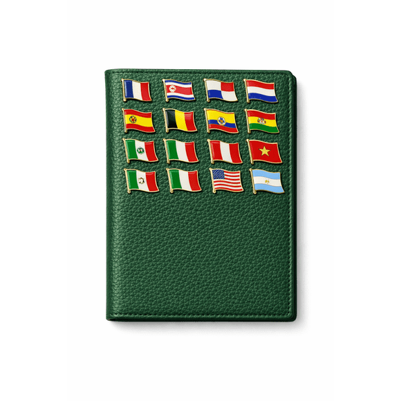 Kit Portapasaporte Macassar Verde con 193 Pines de Banderas del Mundo