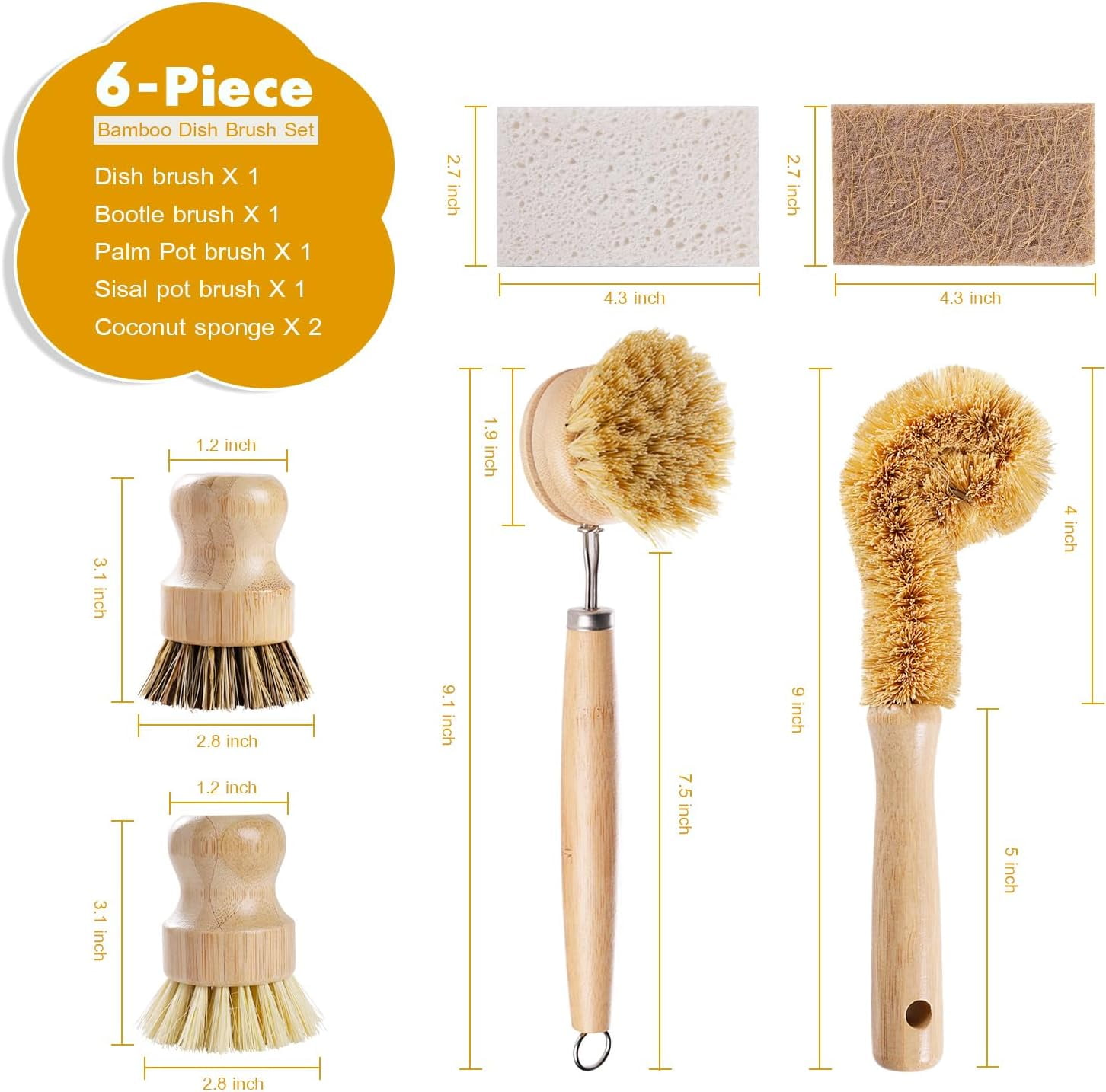 6 Piece Bamboo Dish Brush Set with Coconut Sponge - Wooden Sisal and Palm Fiber, Natural Scrub for Kitchen Cleaning Dishes, Pots, Pans, Bottles, Vegetables