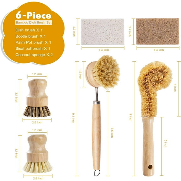 6PCS Bamboo Dish Brushes Sets, Kitchen Cleaning Dish Scrubber Brushes, Natural Bamboo Dish Scrub Brush Set with Handles, Eco-Friendly Cleaning Brushes for Dish, Bottle, Pots, Pans