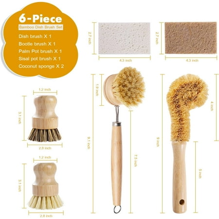6PCS Bamboo Dish Brushes Sets, Kitchen Cleaning Dish Scrubber Brushes, Natural Bamboo Dish Scrub Brush Set with Handles, Eco-Friendly Cleaning Brushes for Dish, Bottle, Pots, Pans