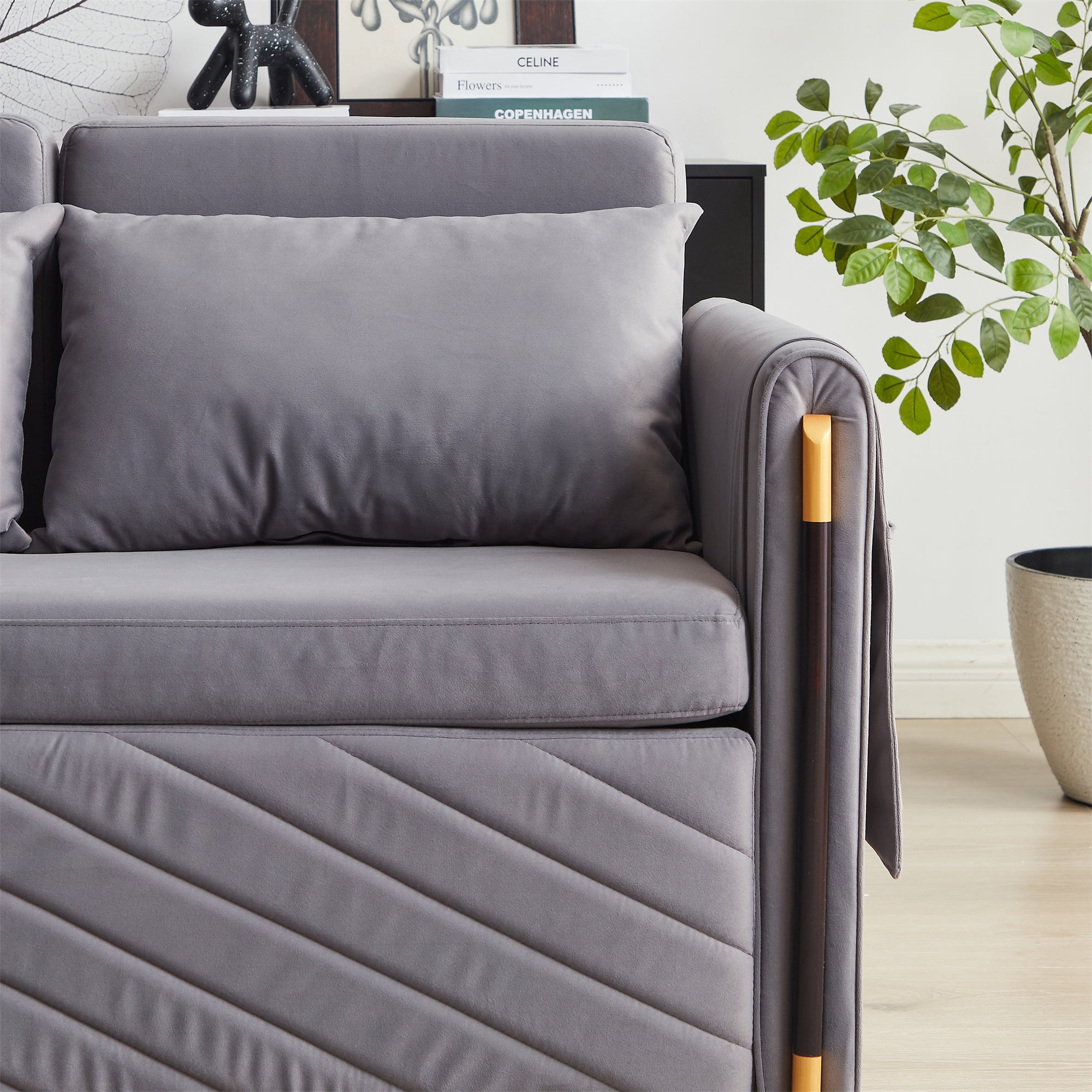 Aukfa Velvet Futon Convertible Loveseat Sleeper Sofa, Full Size, 2Pillows&Side Pockets, Gray