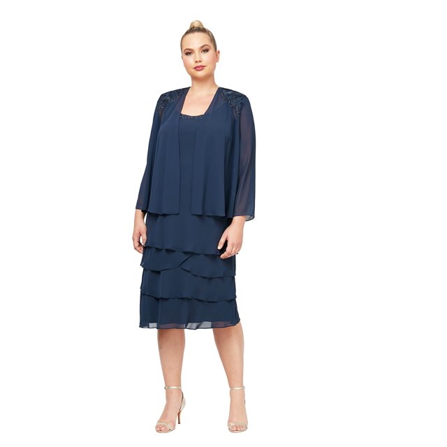 S.L.Fashions Robe Veste Deux Pièces Grande Taille pour Femmes, Bleu Marine, 18W