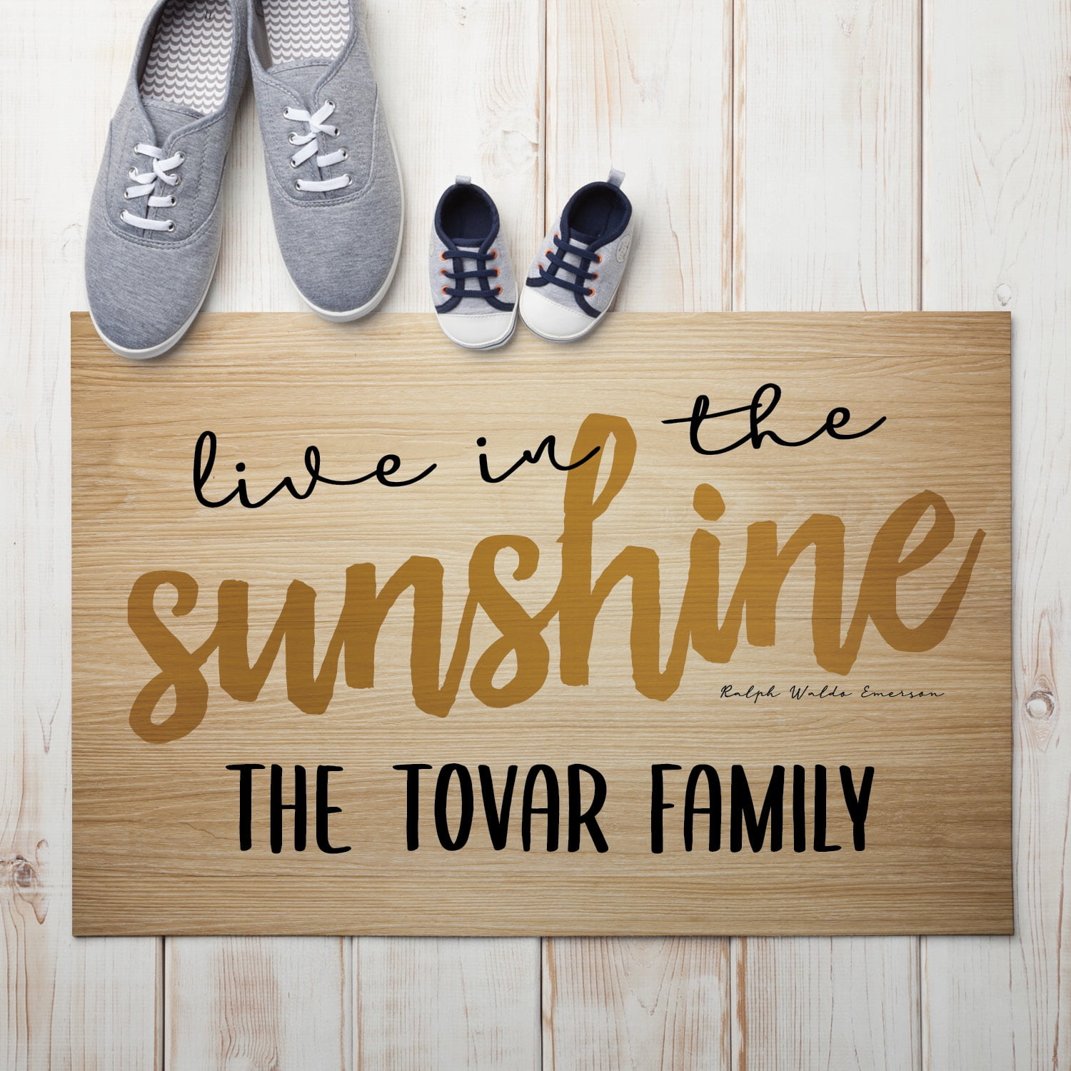 Personalized Planet 27x18 Ralph Waldo Emerson Live in The Sunshine Doormat with Custom Family Name Printed on Light Brown Rectangular 1/4” Thick Non Slip Mat for Kitchen Hallway Deck or Porch