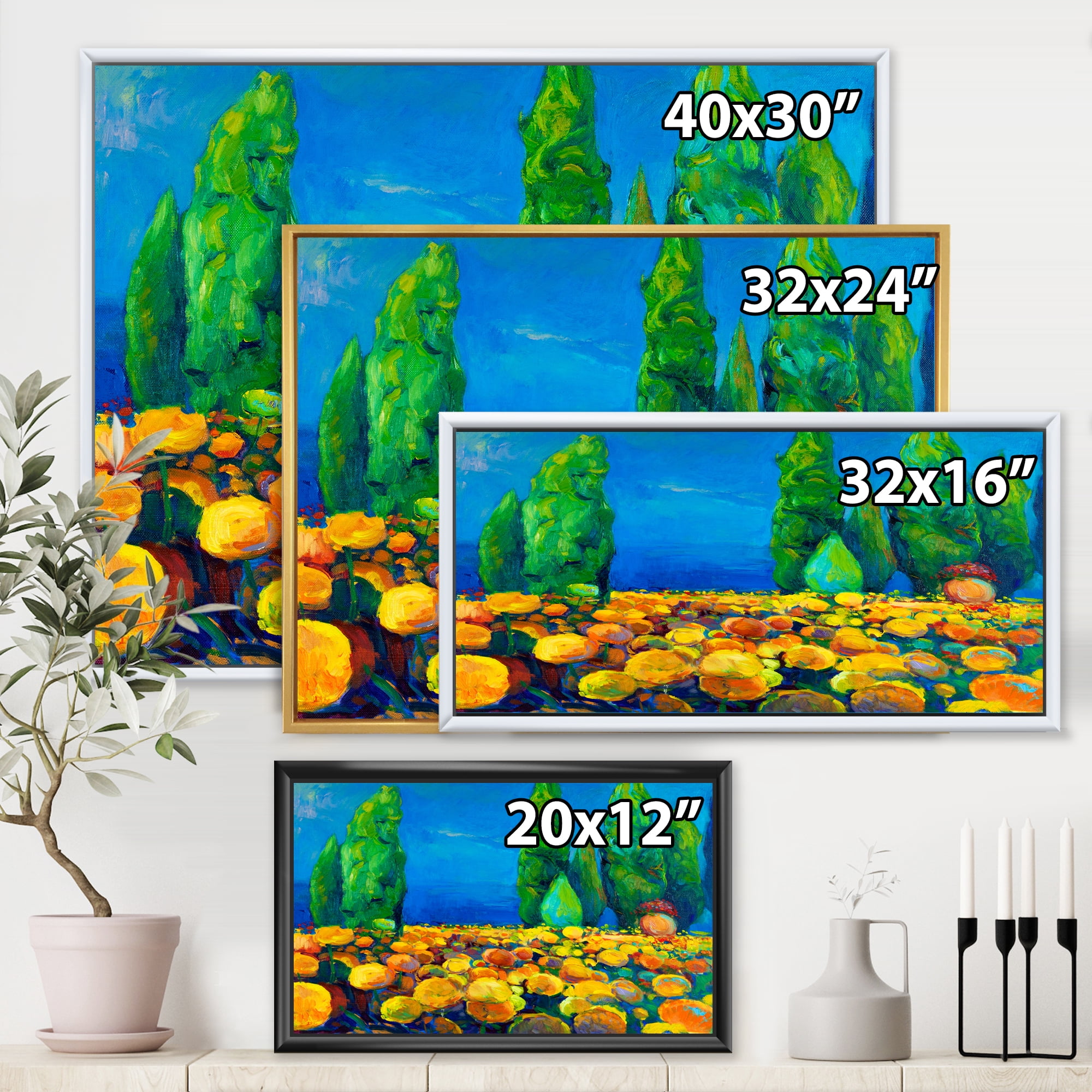 Yellow Blossoming Flowers Landscape With Green Trees 20 in x 12 in Framed Painting Canvas Art Print, by Designart