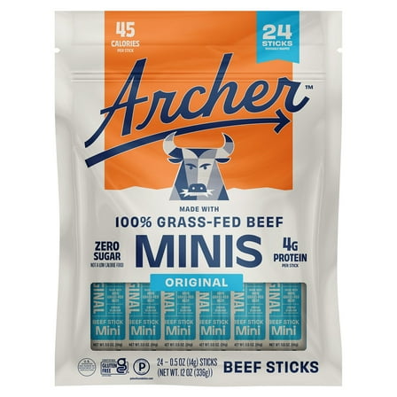 Country Archer 0.5 oz Mini Beef Sticks – 24 Count Grass-Fed, High Protein Jerky Snack